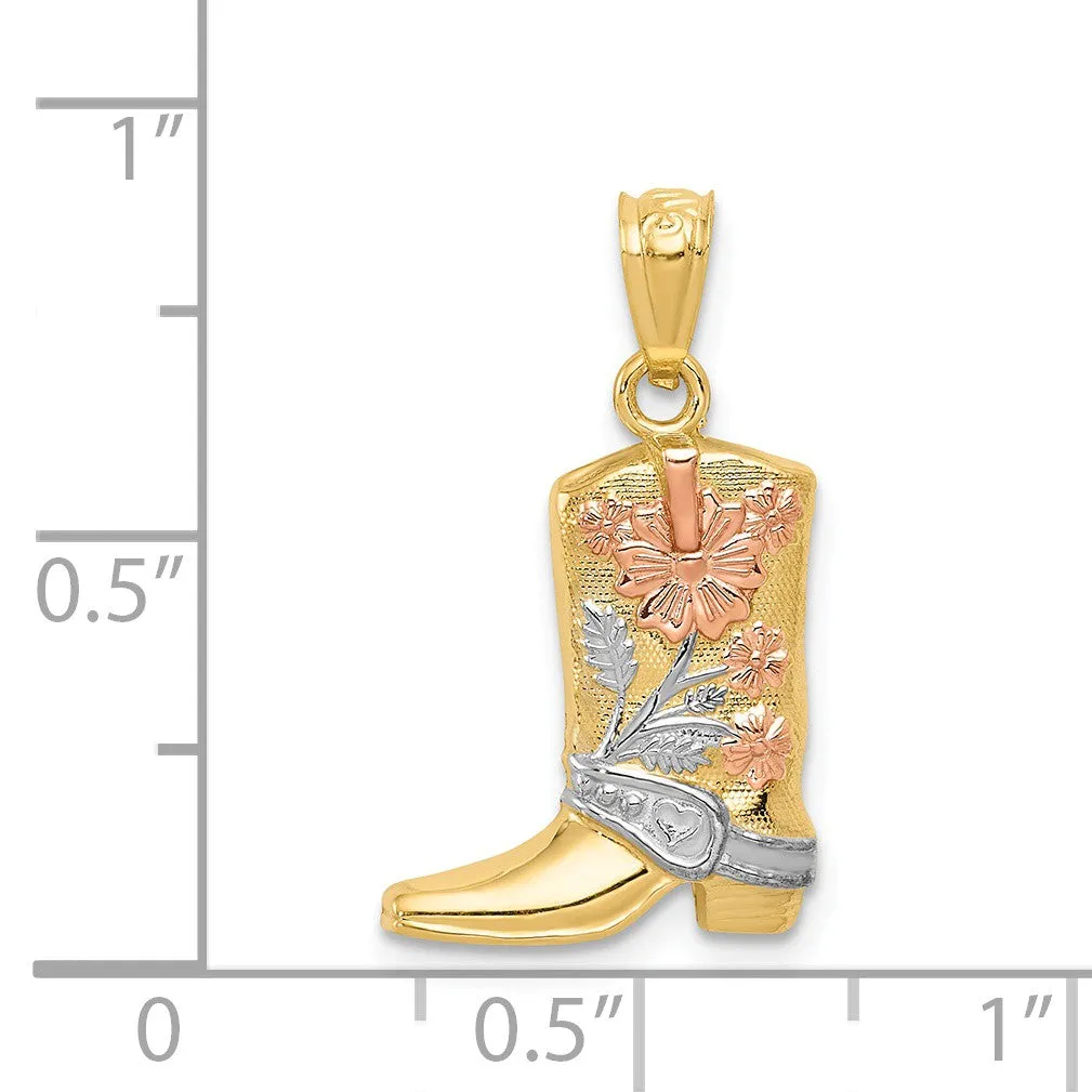 14k Yellow Gold with White & Rose Rhodium Western Boot Pendant, 22mm