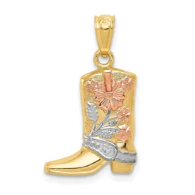 14k Yellow Gold with White & Rose Rhodium Western Boot Pendant, 22mm