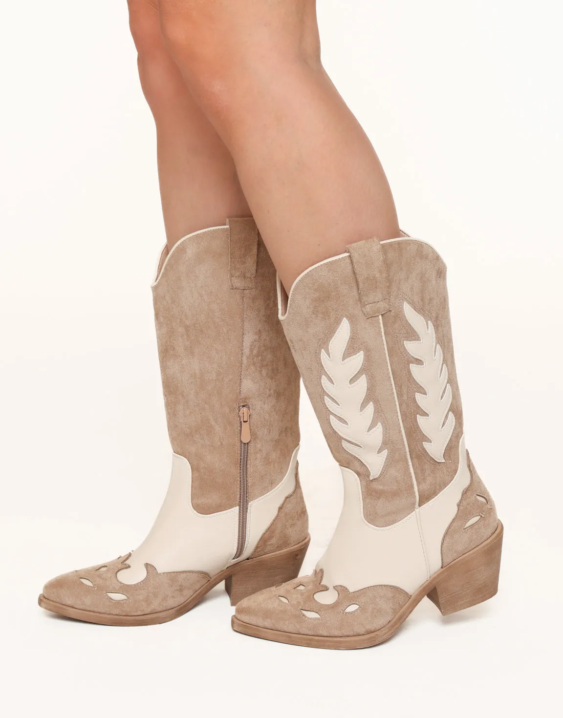 Beige Suede Detail Cowboy - Laarzen