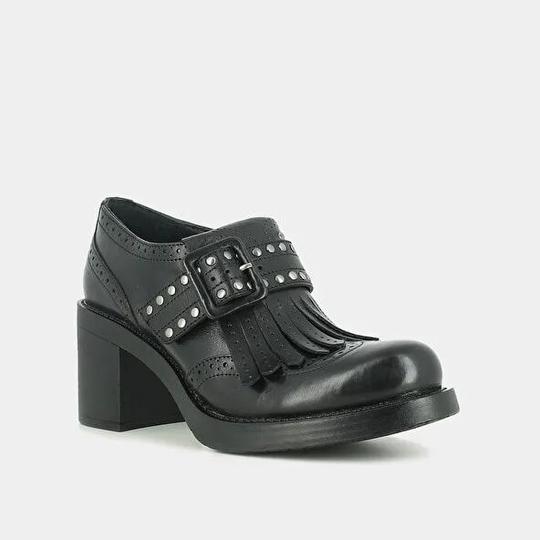 Black leather moccasins with heel and fringed tab