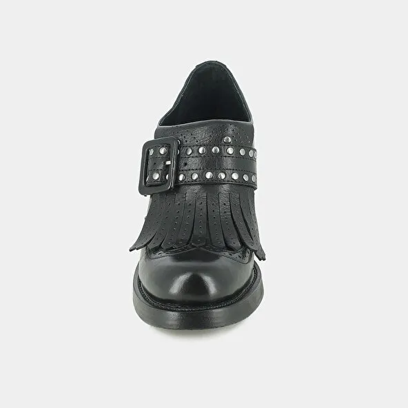 Black leather moccasins with heel and fringed tab