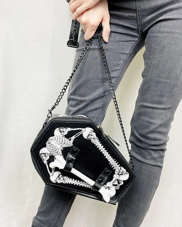 Black Pu Leather Shoulder Bag with Skull Coffin Casket Shaped Clutch with Chain Strap