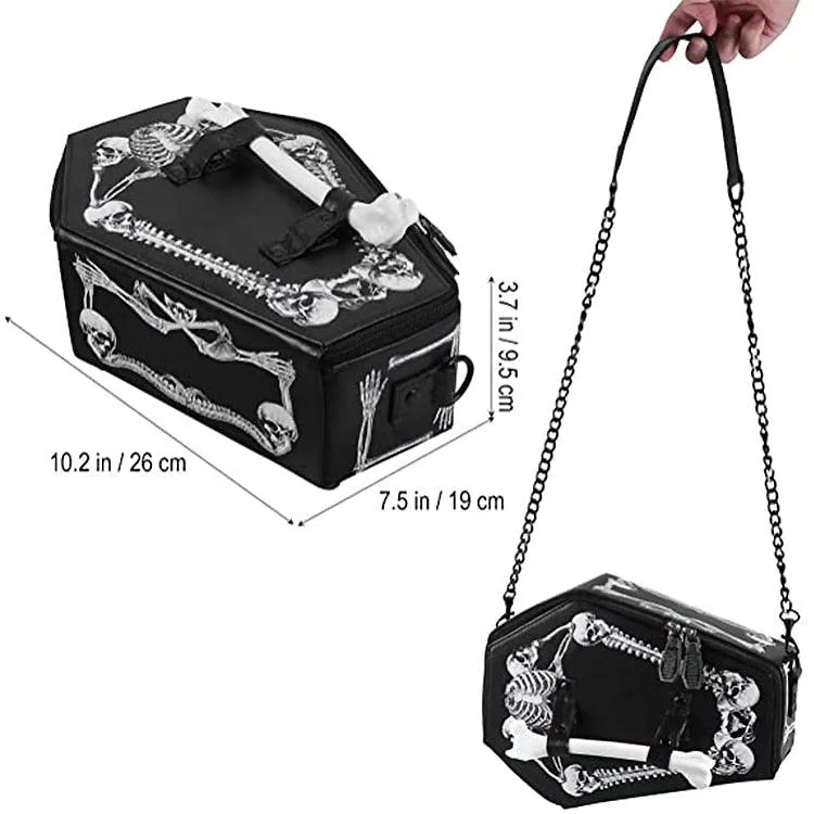 Black Pu Leather Shoulder Bag with Skull Coffin Casket Shaped Clutch with Chain Strap