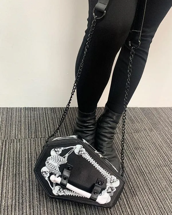 Black Pu Leather Shoulder Bag with Skull Coffin Casket Shaped Clutch with Chain Strap