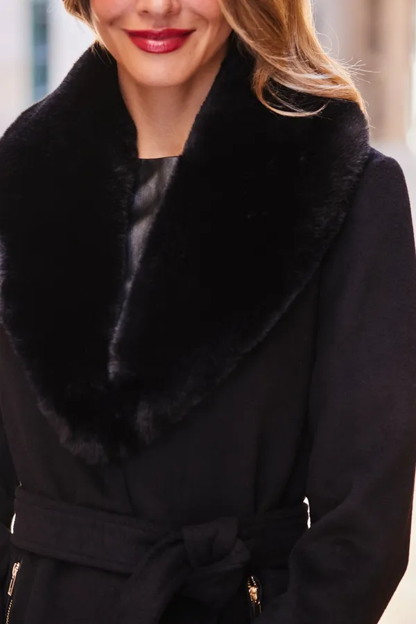 Black Wool Mix Faux Fur Collar Coat