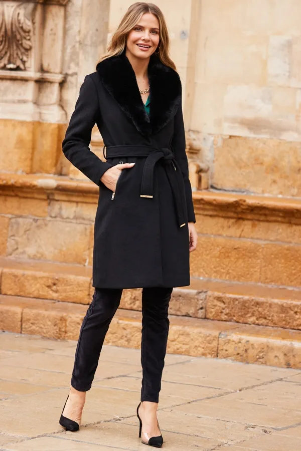 Black Wool Mix Faux Fur Collar Coat