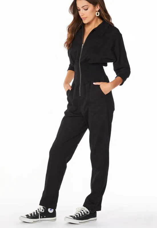 Bobi - Smocked Waist Zip Up Jumpsuit Black