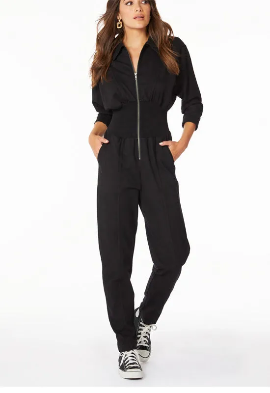 Bobi - Smocked Waist Zip Up Jumpsuit Black