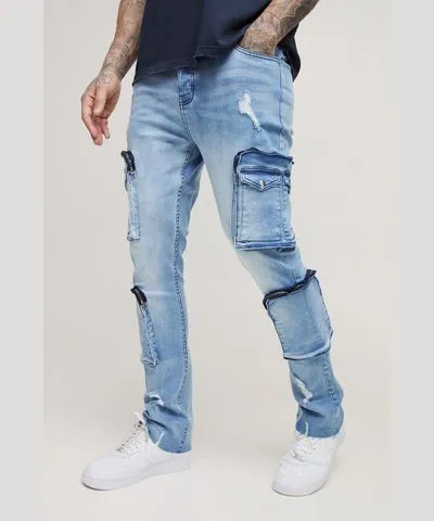 boohoo Mens Tall Raw Seam Detail Stretch Skinny Ripped Cargo Flared Jeans