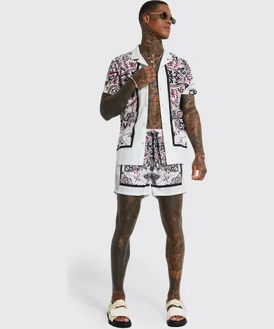 boohoo Mens Textured Bandana Border Shirt And Shorts