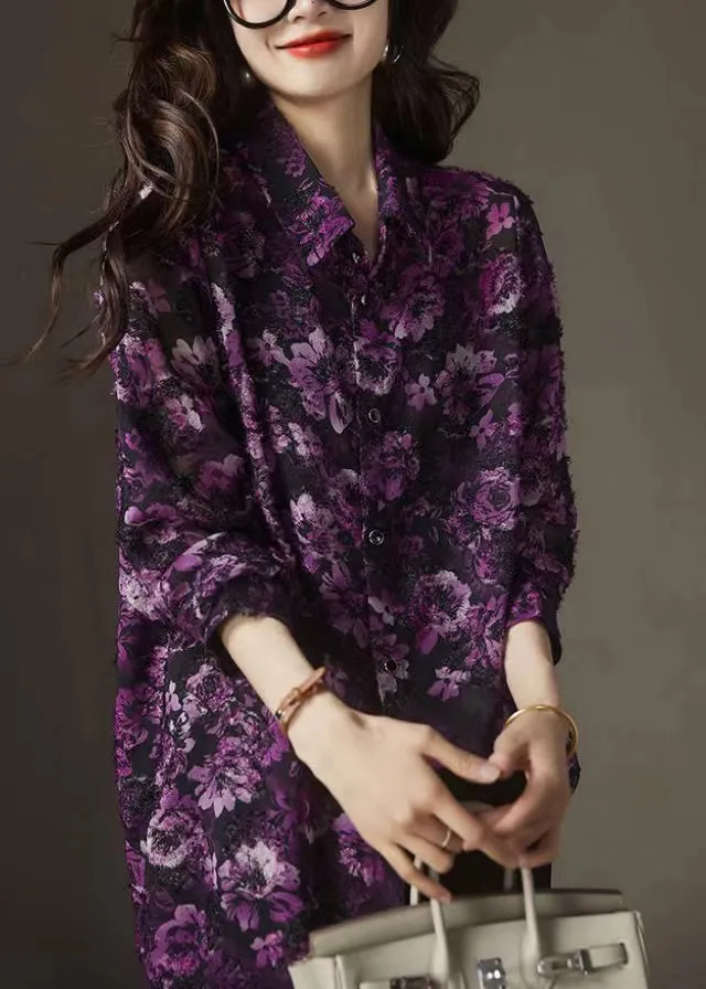 Casual Purple Print Peter Pan Collar Button Chiffon Shirts Fall