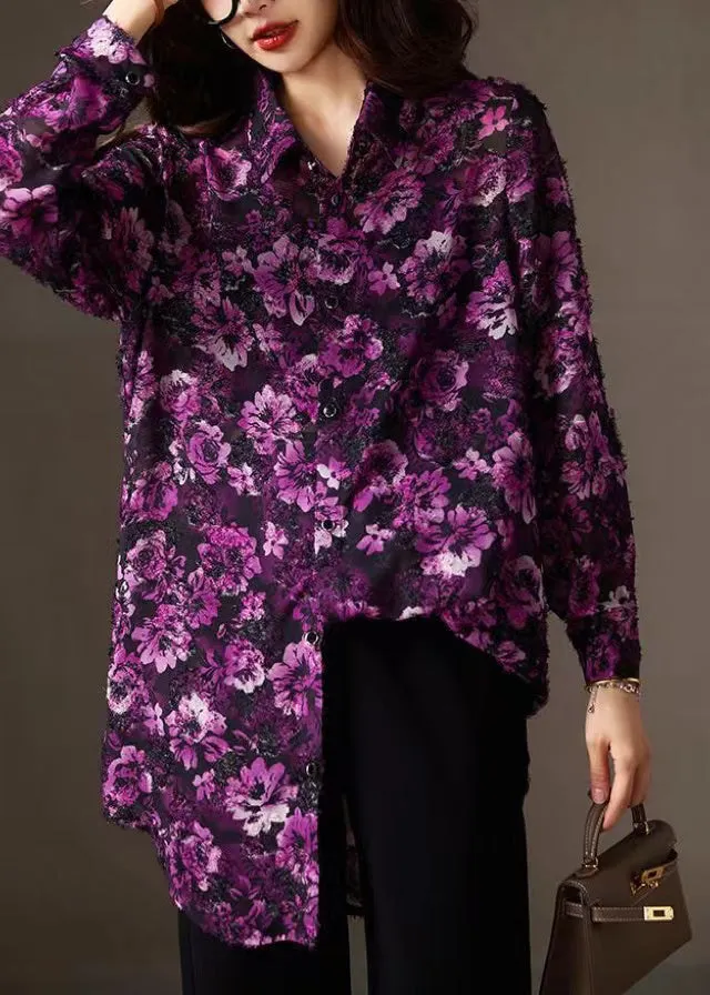 Casual Purple Print Peter Pan Collar Button Chiffon Shirts Fall