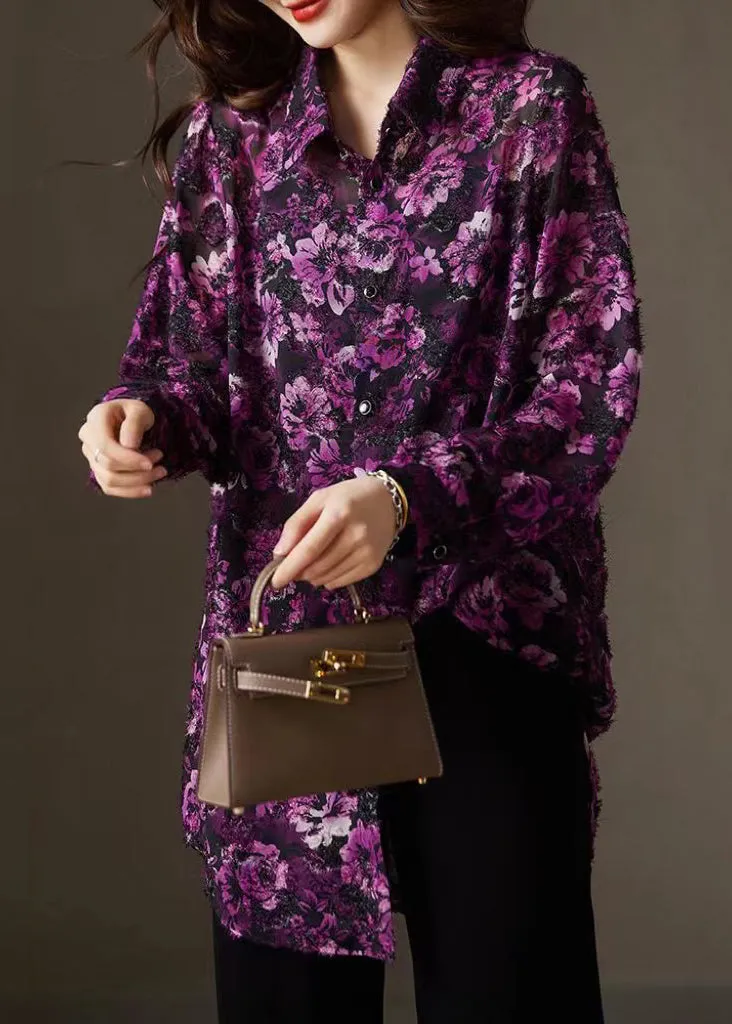 Casual Purple Print Peter Pan Collar Button Chiffon Shirts Fall