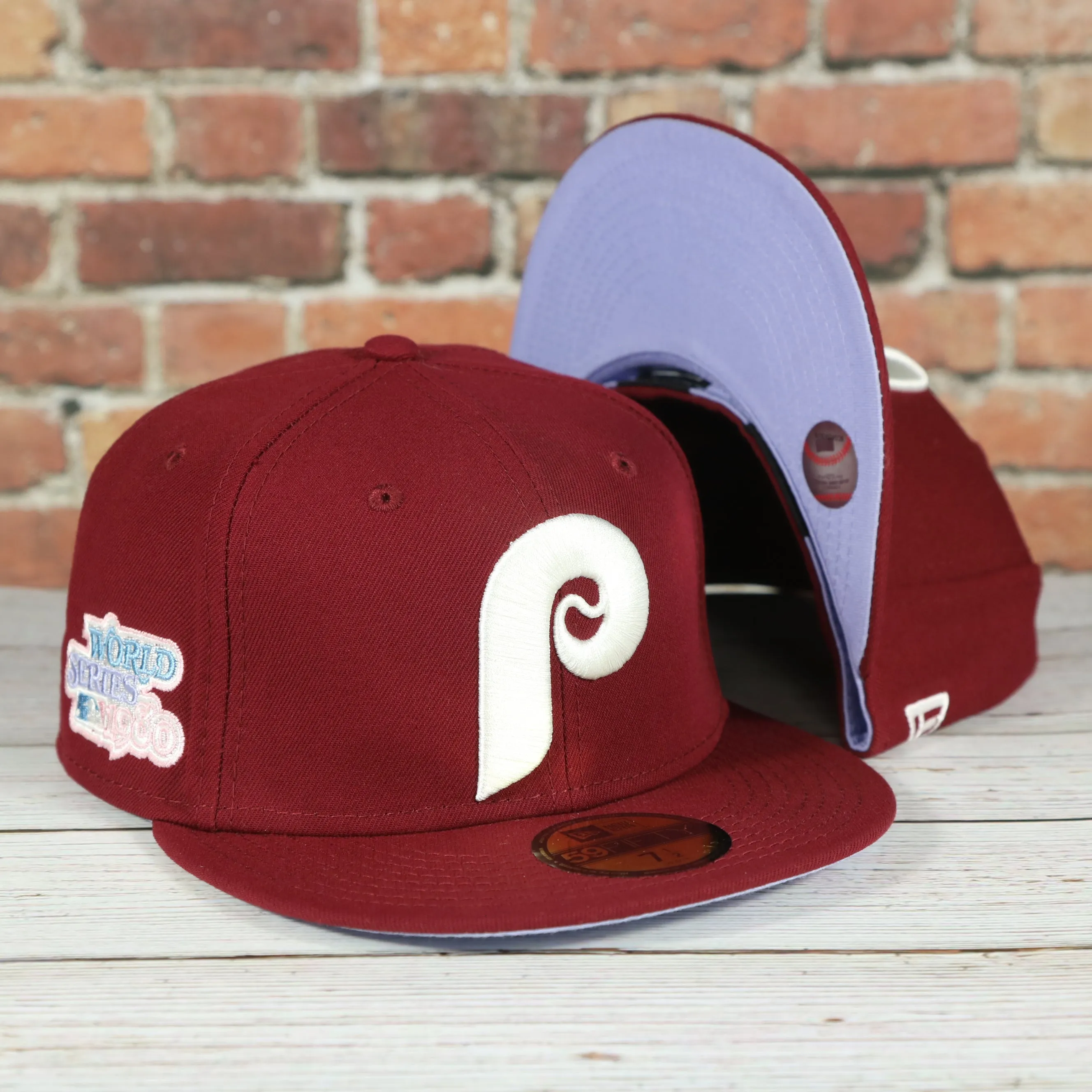 Cooperstown Philadelphia Phillies Pop Sweat Pastel World Series Side Patch Fitted Cap With Purple Undervisor | Maroon 59Fifty Ca