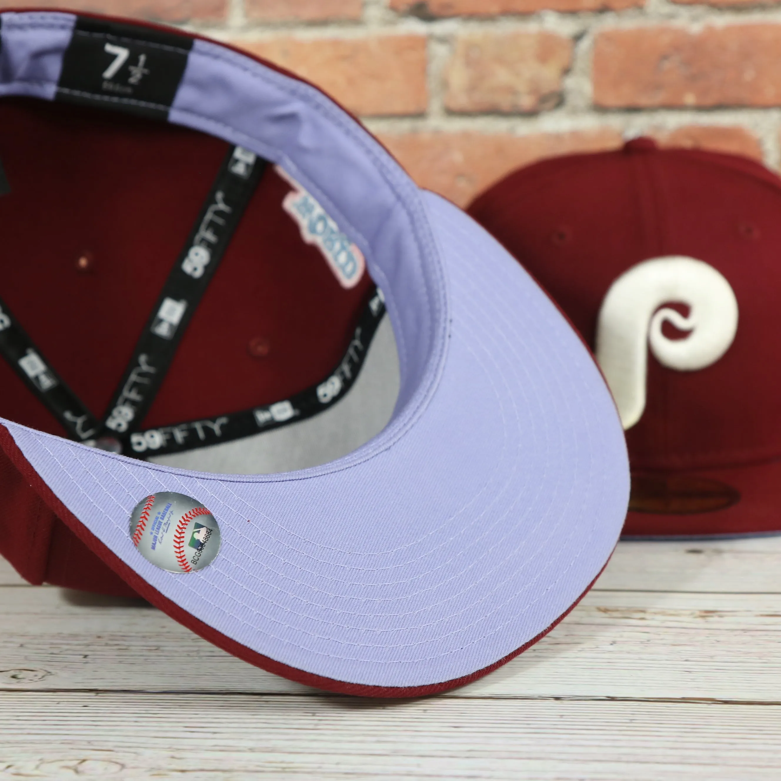 Cooperstown Philadelphia Phillies Pop Sweat Pastel World Series Side Patch Fitted Cap With Purple Undervisor | Maroon 59Fifty Ca