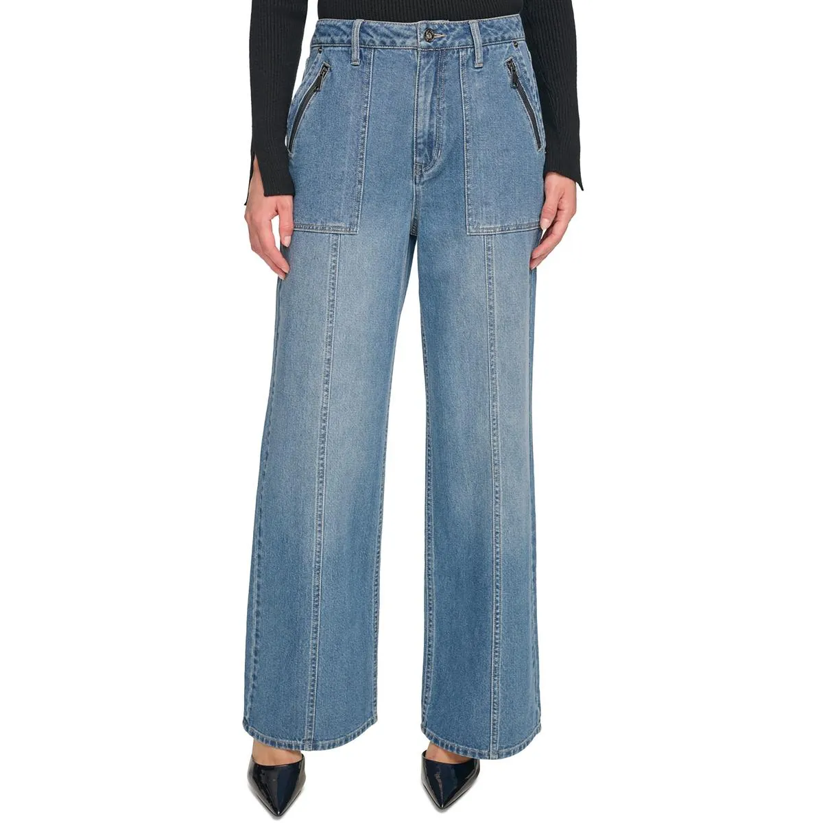 DKNY Jeans Womens High Rise Pintuck Wide Leg Jeans