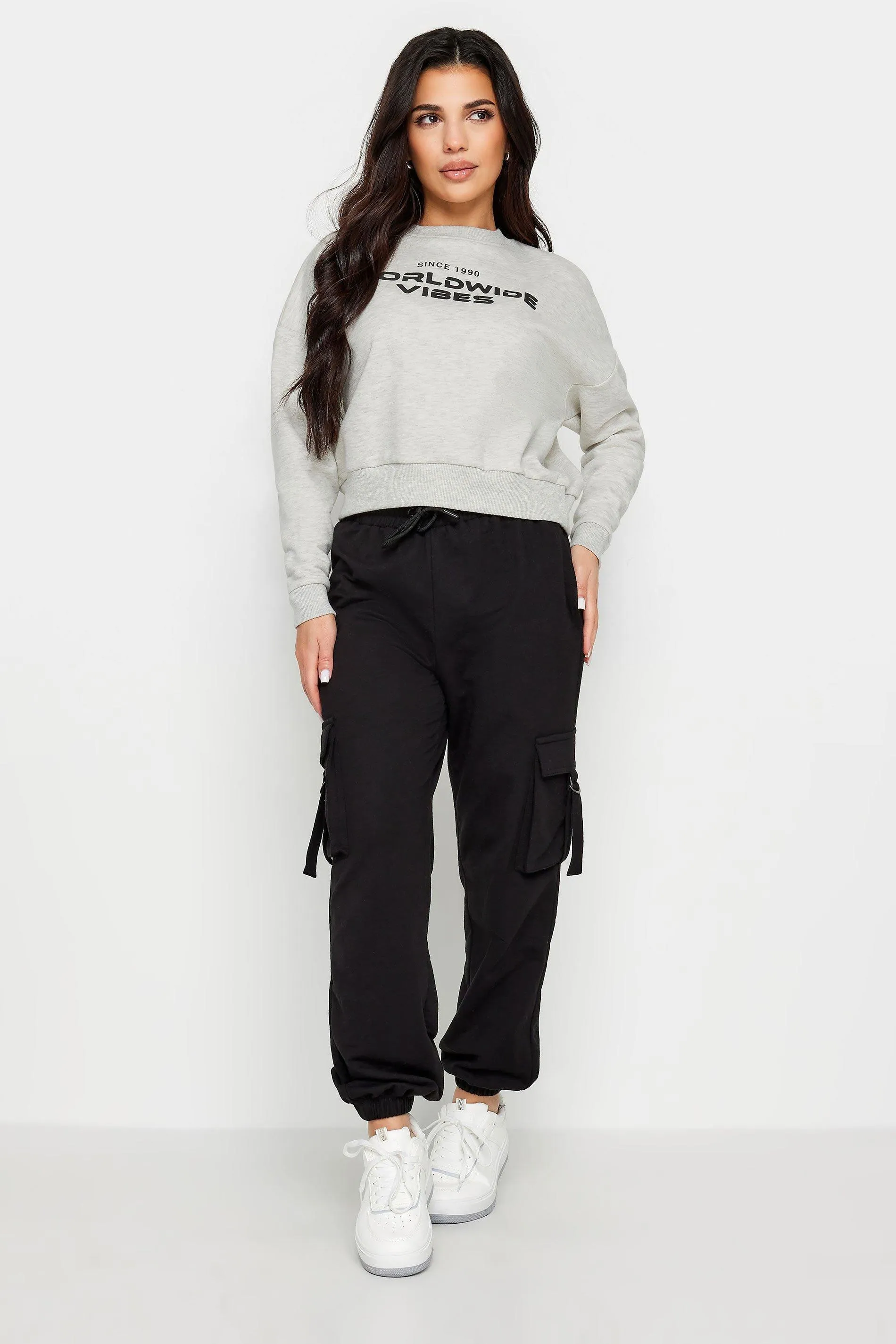 Hoodies & Sweatshirts | Petite 'Worldwide Vibes' Slogan Cropped Sweatshirt | PixieGirl