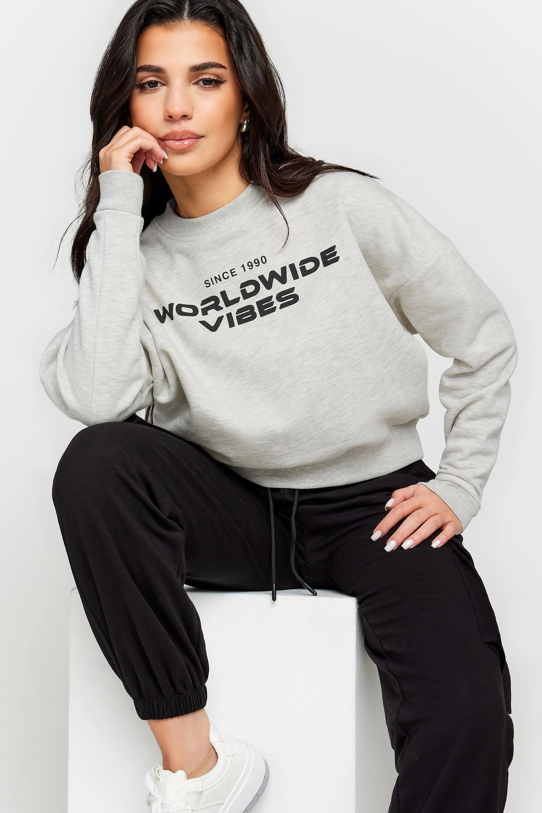 Hoodies & Sweatshirts | Petite 'Worldwide Vibes' Slogan Cropped Sweatshirt | PixieGirl