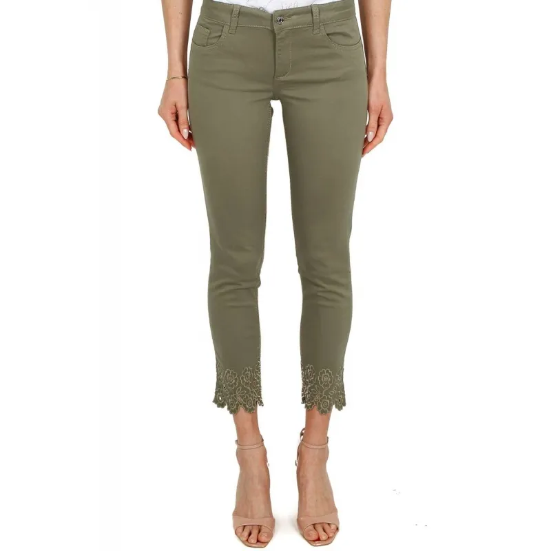 JEANS SKINNY IN GABARDINE DI COTONE CON RICAMO, VERDE