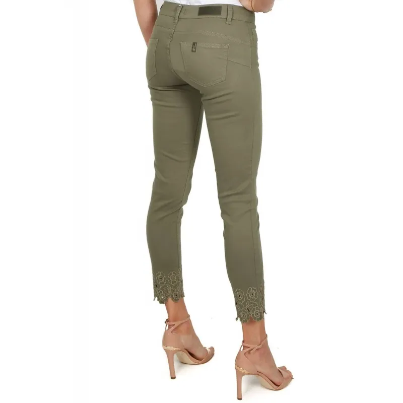 JEANS SKINNY IN GABARDINE DI COTONE CON RICAMO, VERDE