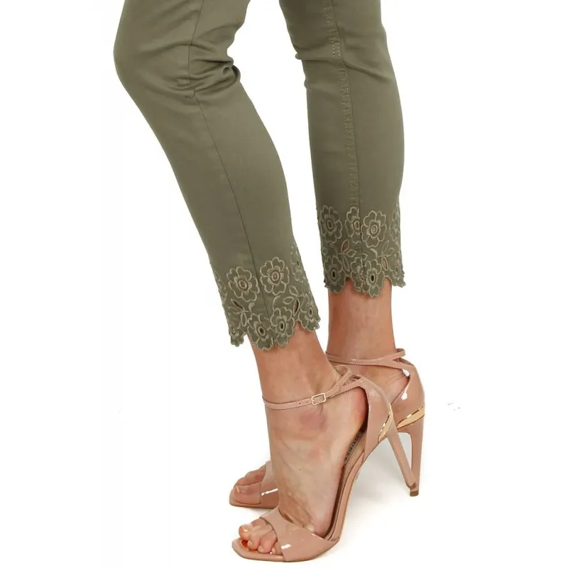 JEANS SKINNY IN GABARDINE DI COTONE CON RICAMO, VERDE