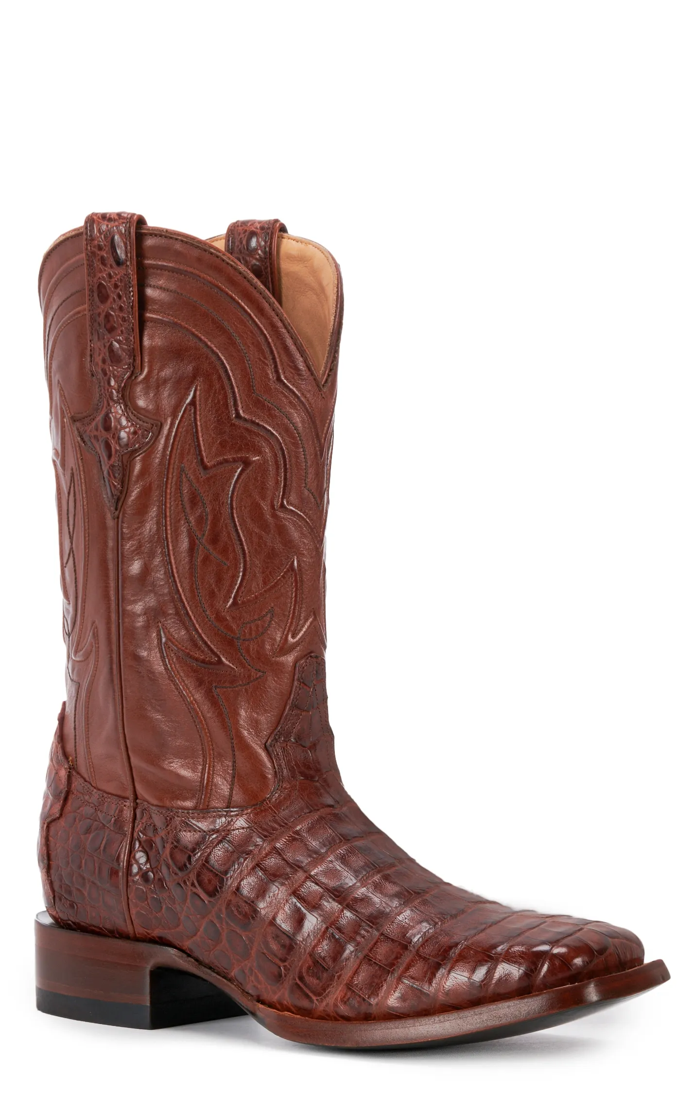 JRC & Sons Men's Drew Caiman Belly Wide Square Toe Exotic Cowboy Boot in Brandy