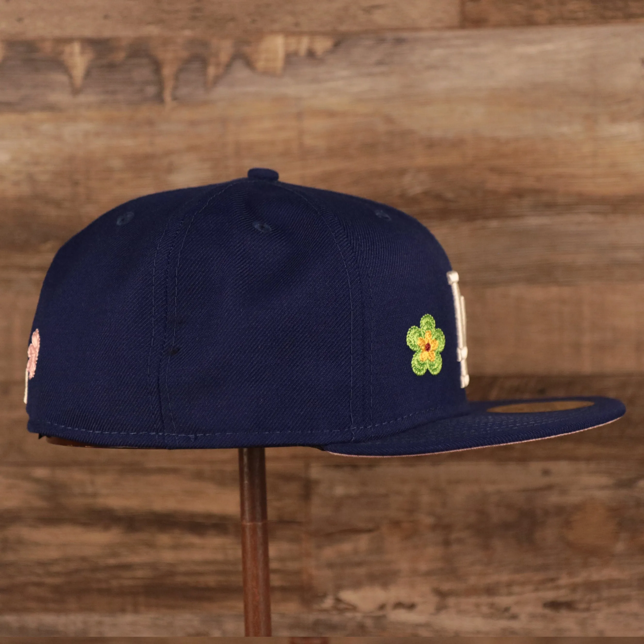 Los Angeles Dodgers All Over Floral Pattern Flower Crotchet Side Patch Pink Bottom 59Fifty Fitted Cap