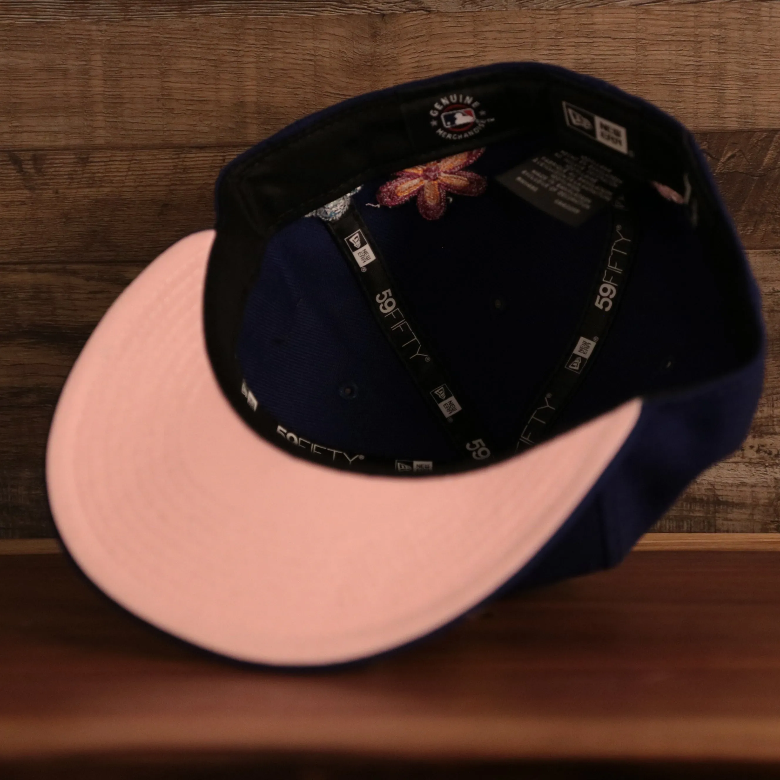 Los Angeles Dodgers All Over Floral Pattern Flower Crotchet Side Patch Pink Bottom 59Fifty Fitted Cap