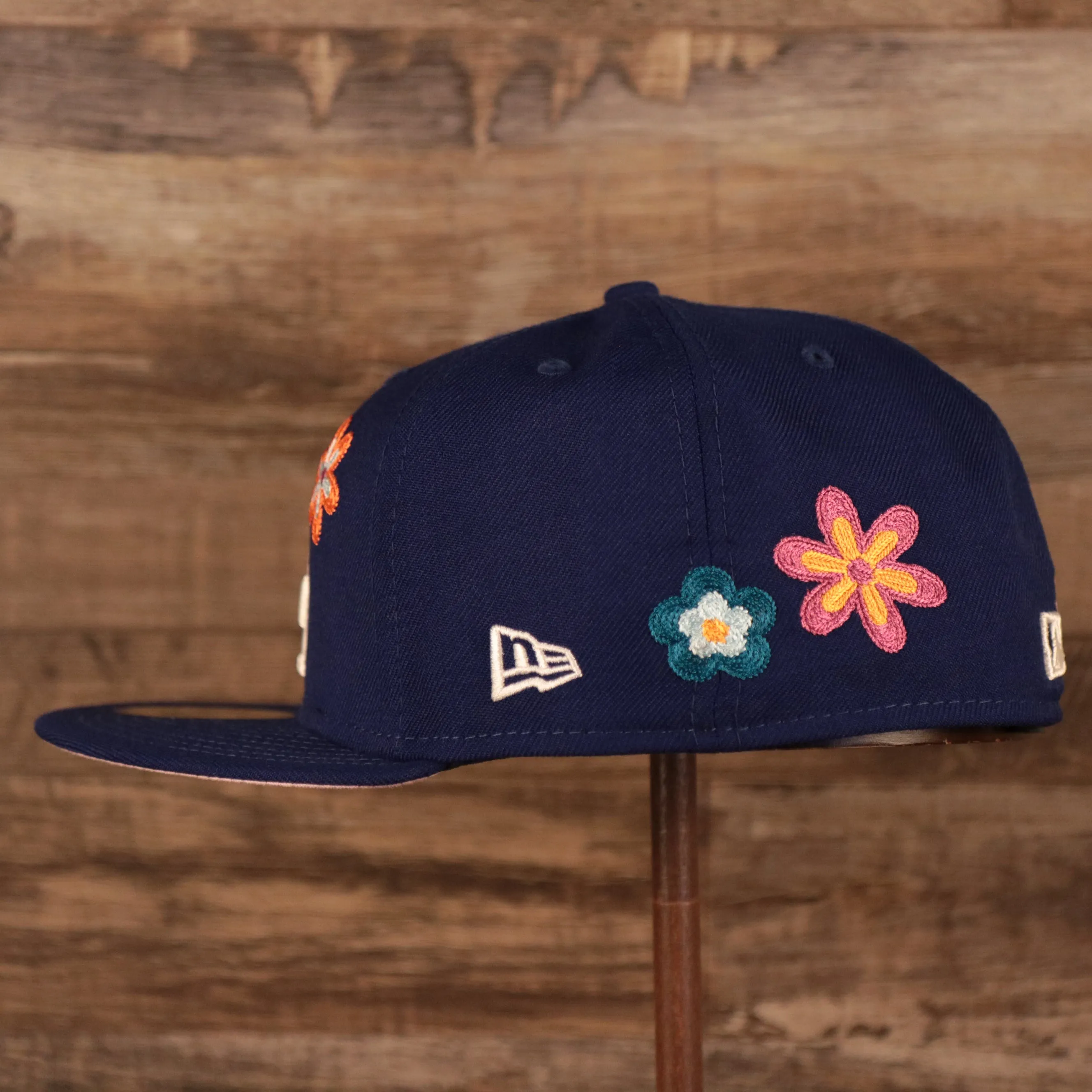 Los Angeles Dodgers All Over Floral Pattern Flower Crotchet Side Patch Pink Bottom 59Fifty Fitted Cap