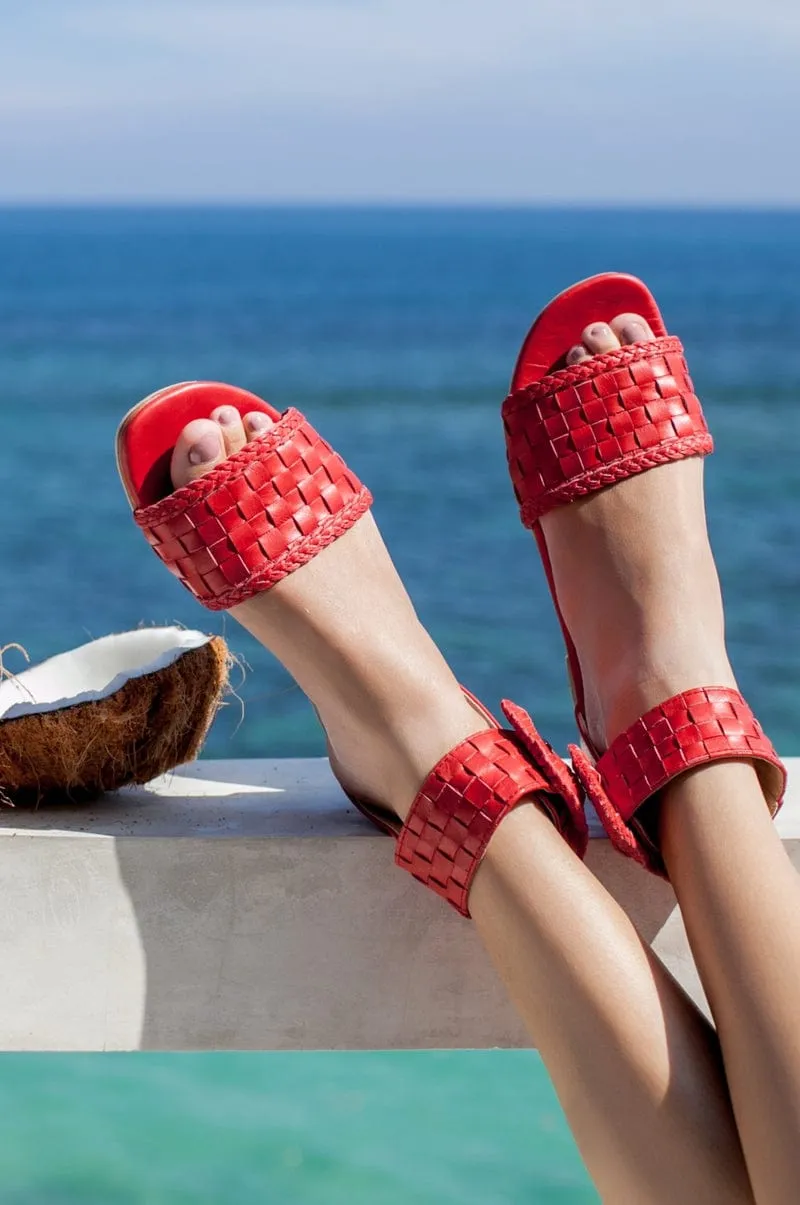 Madagascar Woven Leather Sandals in Vintage Red