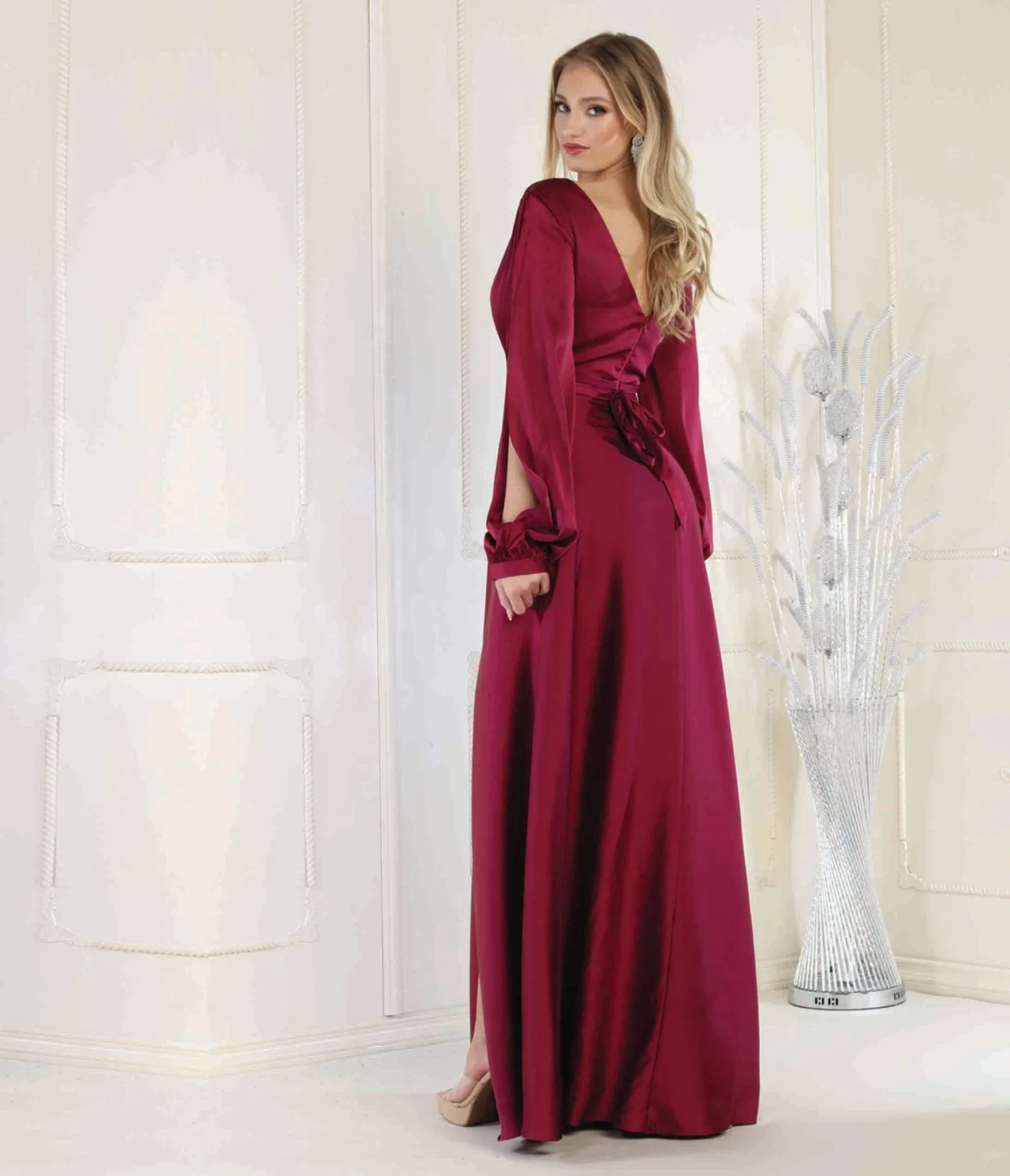 Magenta Satin Long Sleeve Goddess Gown