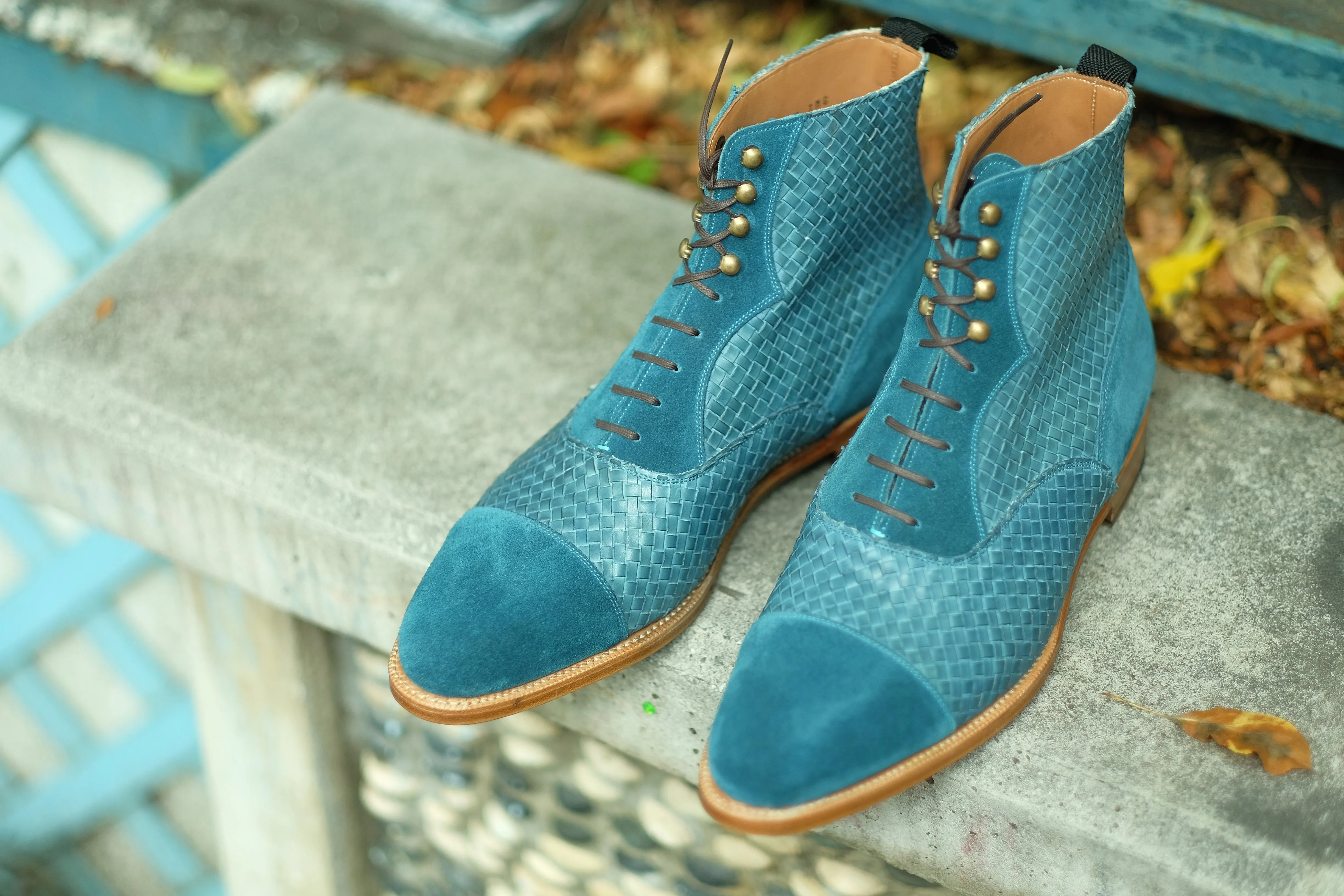 Meadowbrook - MTO - Teal Suede / Braided Teal Suede - TMG Last - Brass Hardware - Single Leather Sole