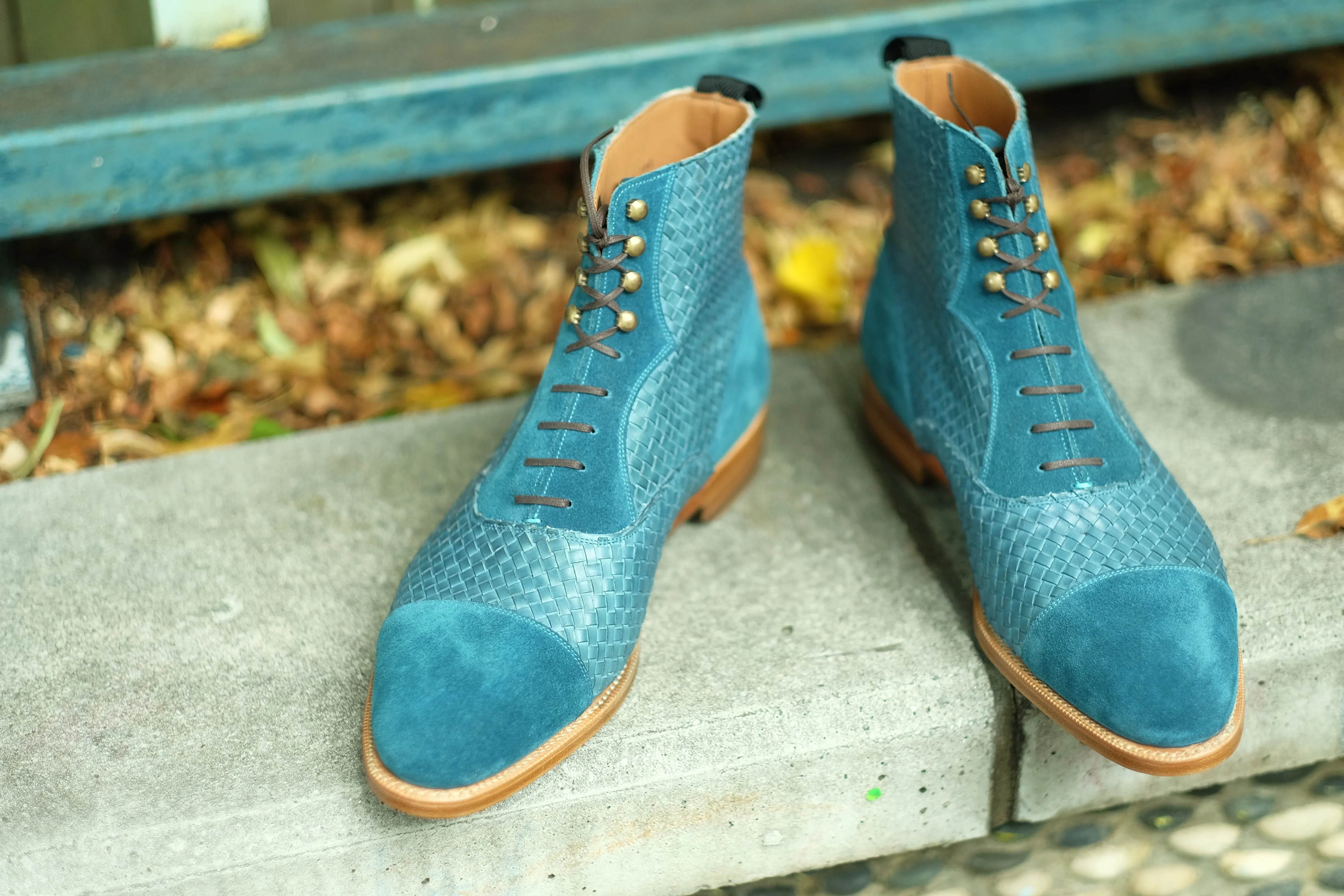 Meadowbrook - MTO - Teal Suede / Braided Teal Suede - TMG Last - Brass Hardware - Single Leather Sole