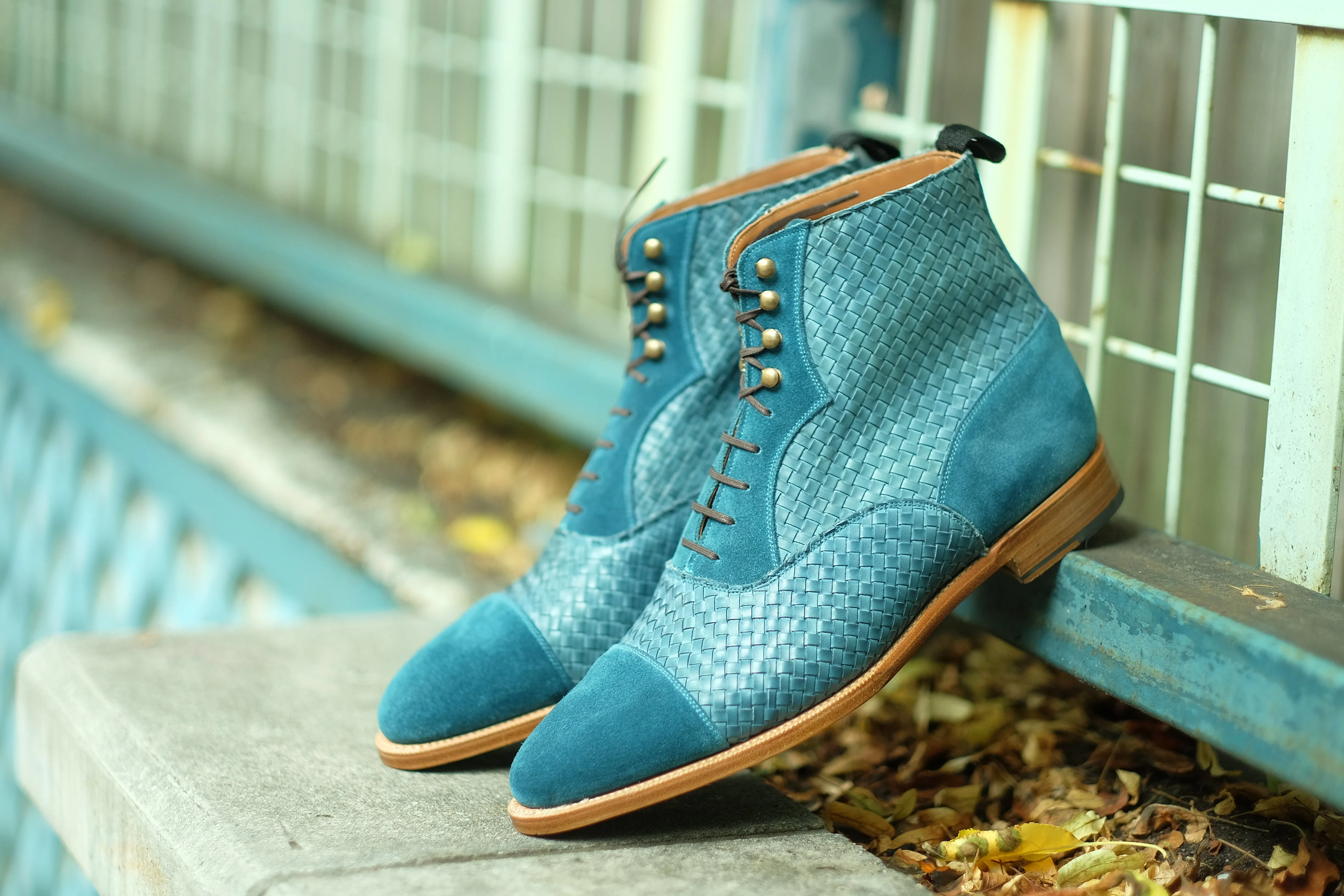 Meadowbrook - MTO - Teal Suede / Braided Teal Suede - TMG Last - Brass Hardware - Single Leather Sole