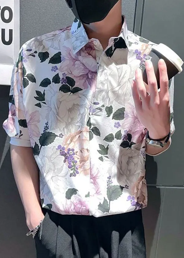 Modern White Peter Pan Collar Print Mens Shirts Summer