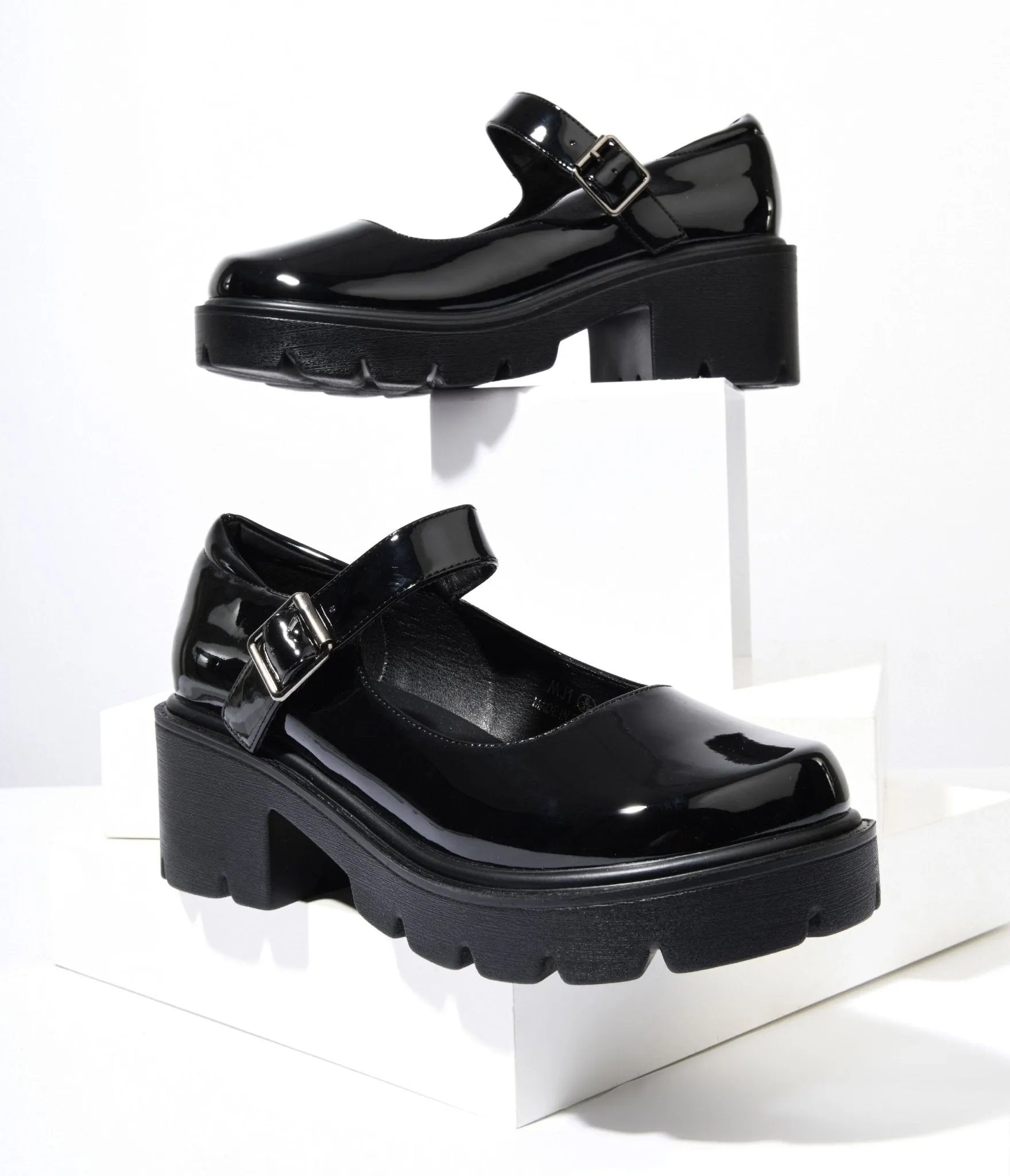 Rylee Black Patent Leatherette Chunky Platform Mary Jane Heels