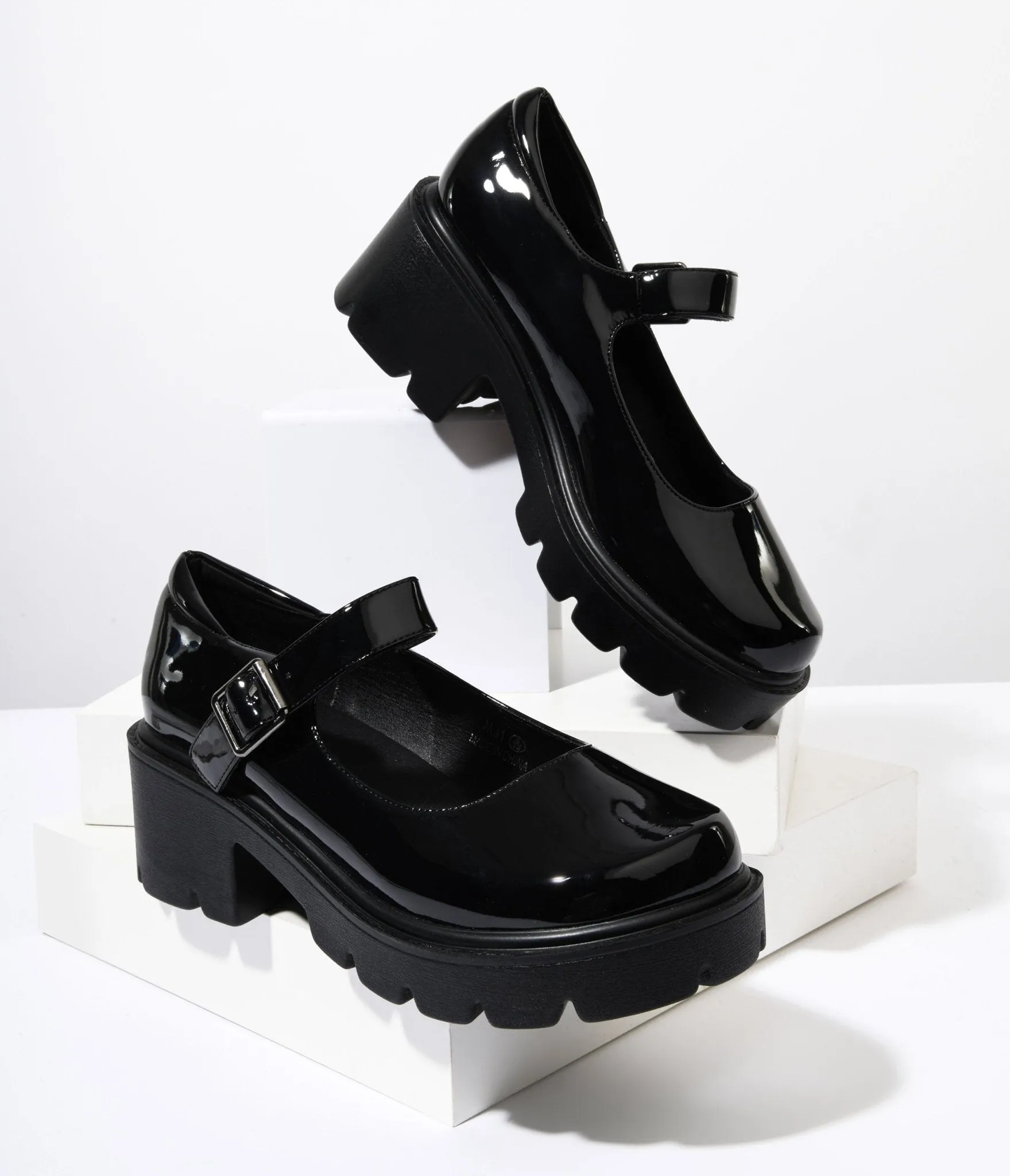 Rylee Black Patent Leatherette Chunky Platform Mary Jane Heels