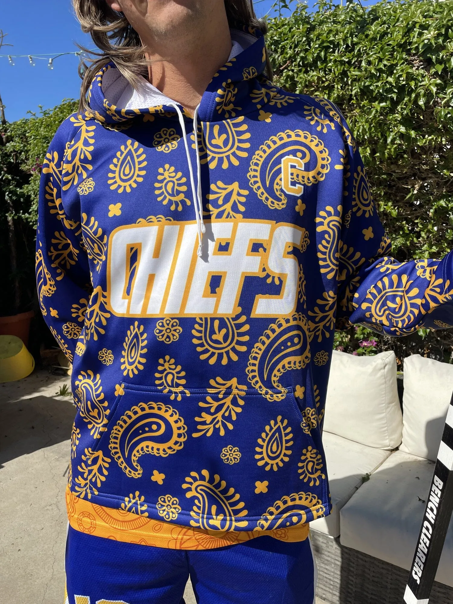 Slapshot Charlestown Chiefs Captain Johnny Upton #12 Blue Paisley Hoodie