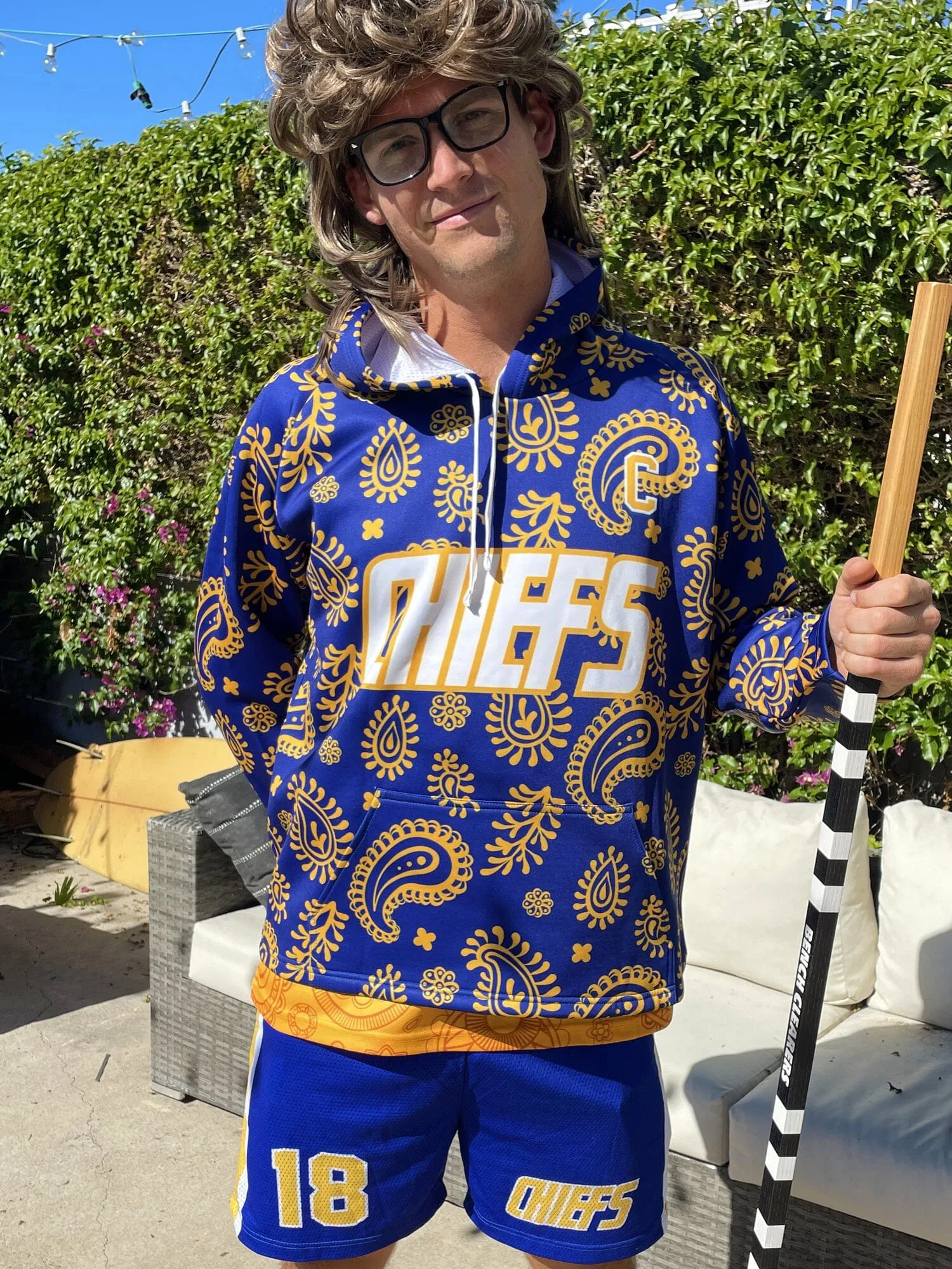 Slapshot Charlestown Chiefs Captain Johnny Upton #12 Blue Paisley Hoodie