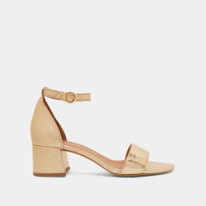 Square heel sandals in gold cracked leather