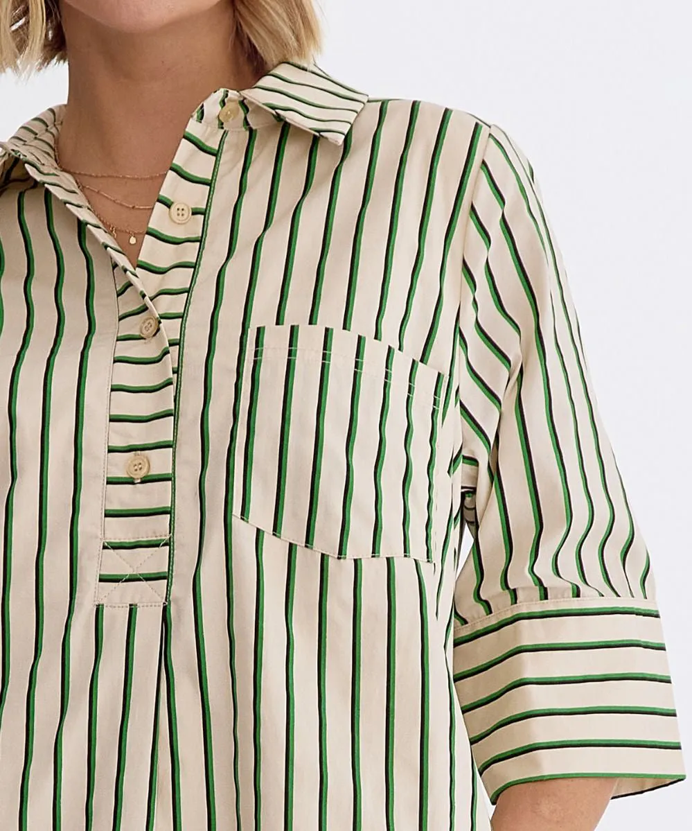 Stripe Button Front Mini Dress - Green OR Light Pink