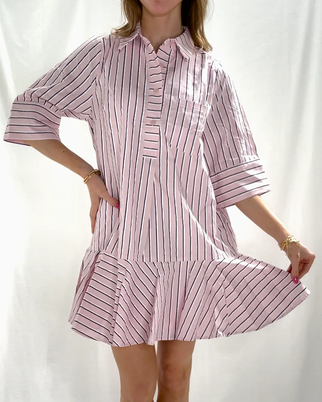 Stripe Button Front Mini Dress - Green OR Light Pink