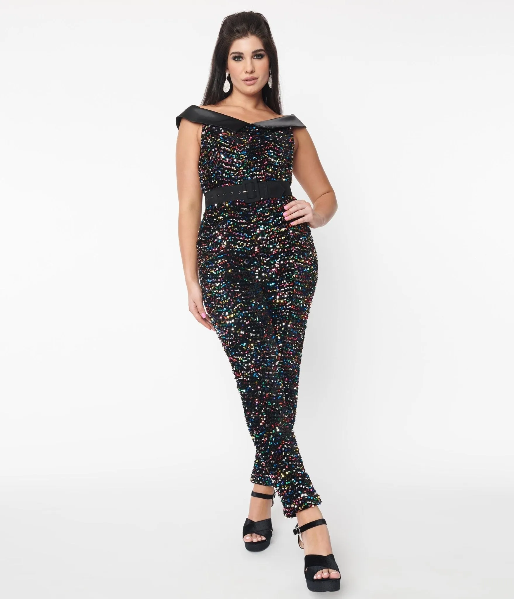 Unique Vintage 1970s Black & Rainbow Sequin Gillian Jumpsuit