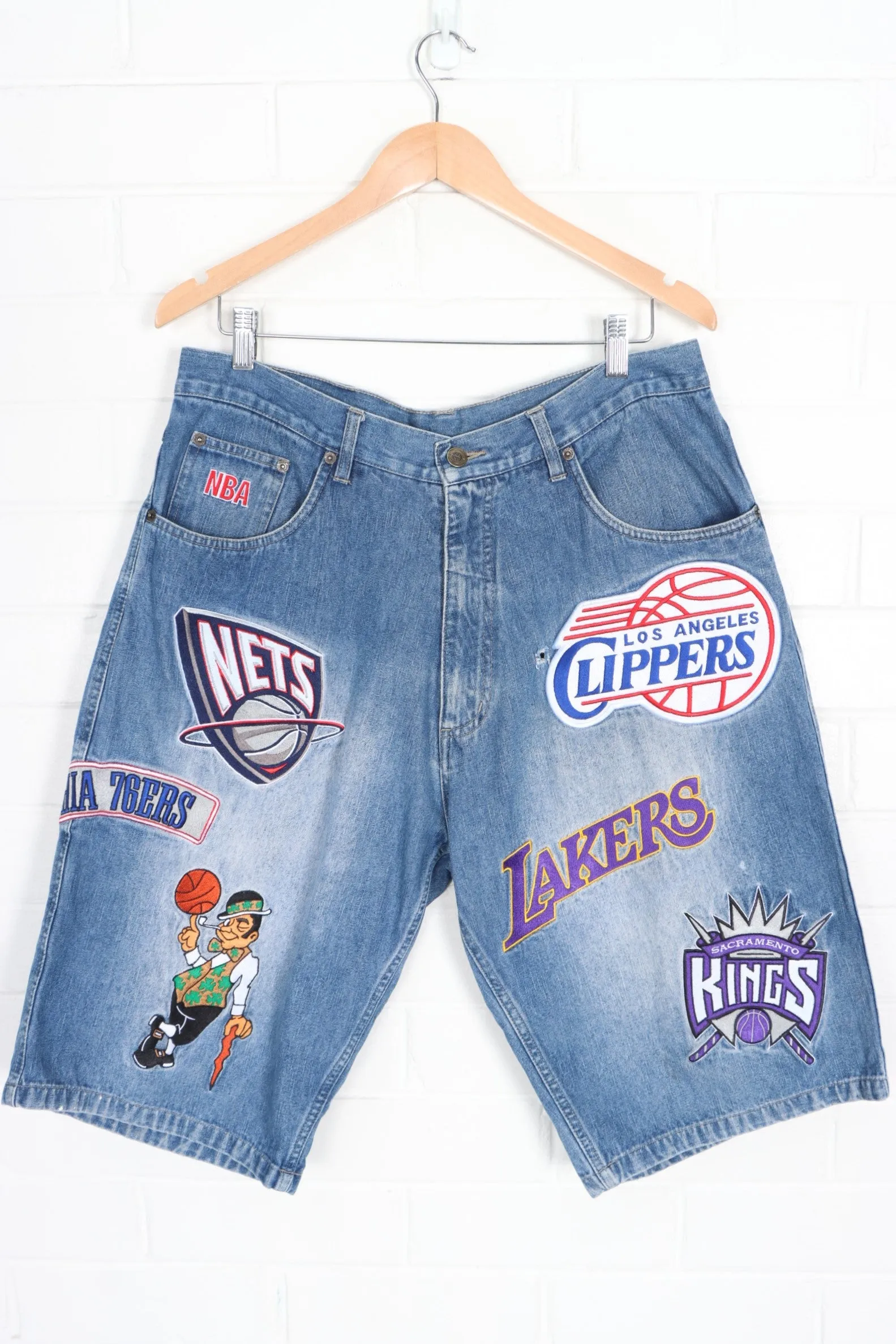 UNK NBA Team Logo Embroidered Patches Denim Basketball Jorts Shorts (34)