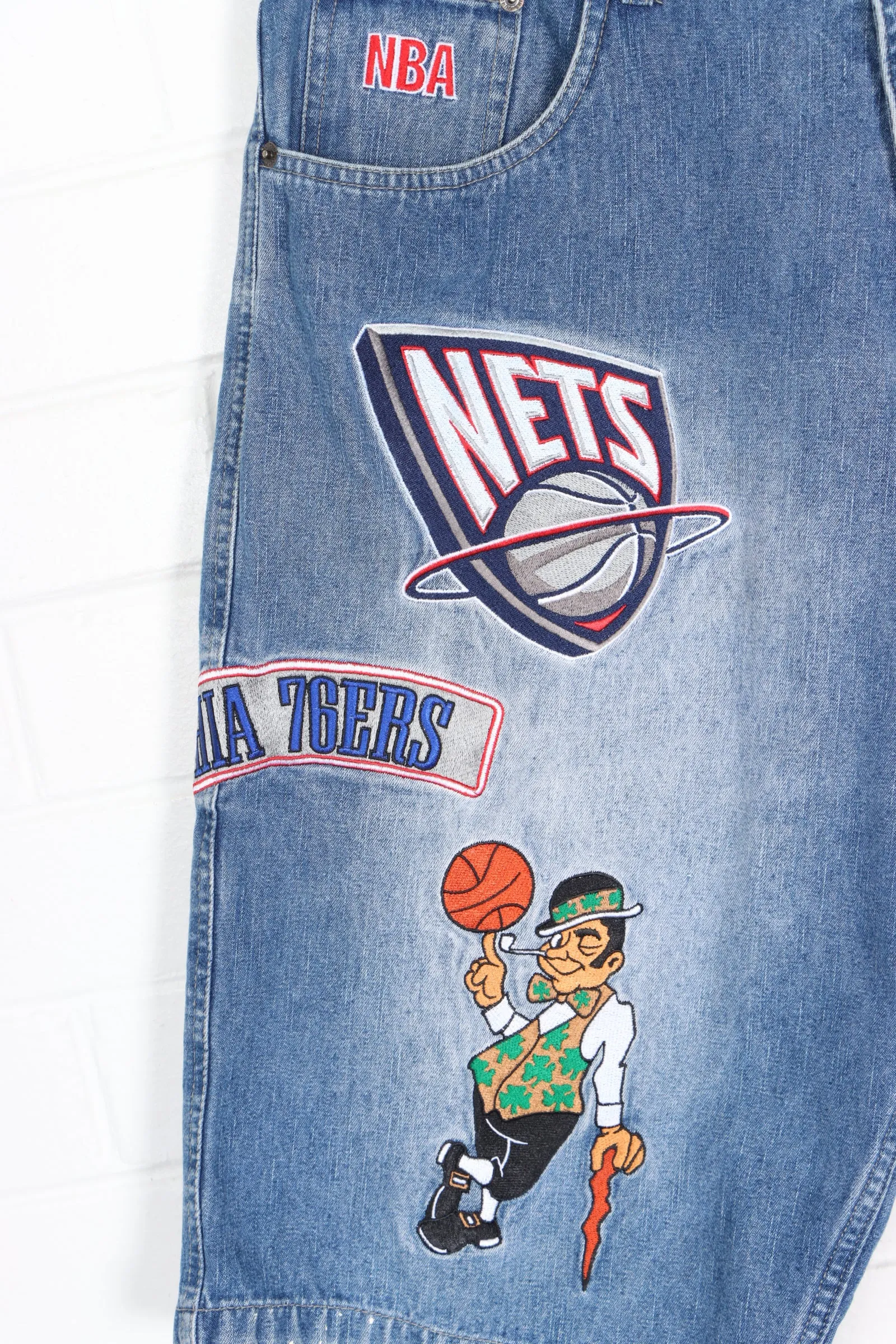 UNK NBA Team Logo Embroidered Patches Denim Basketball Jorts Shorts (34)