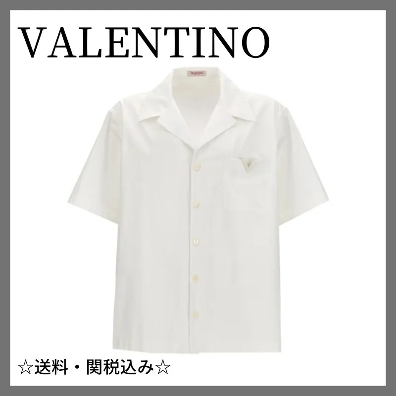 VALENTINO  |Plain Cotton Short Sleeves Band-collar Shirts Logo Luxury