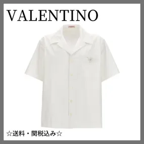 VALENTINO  |Plain Cotton Short Sleeves Band-collar Shirts Logo Luxury