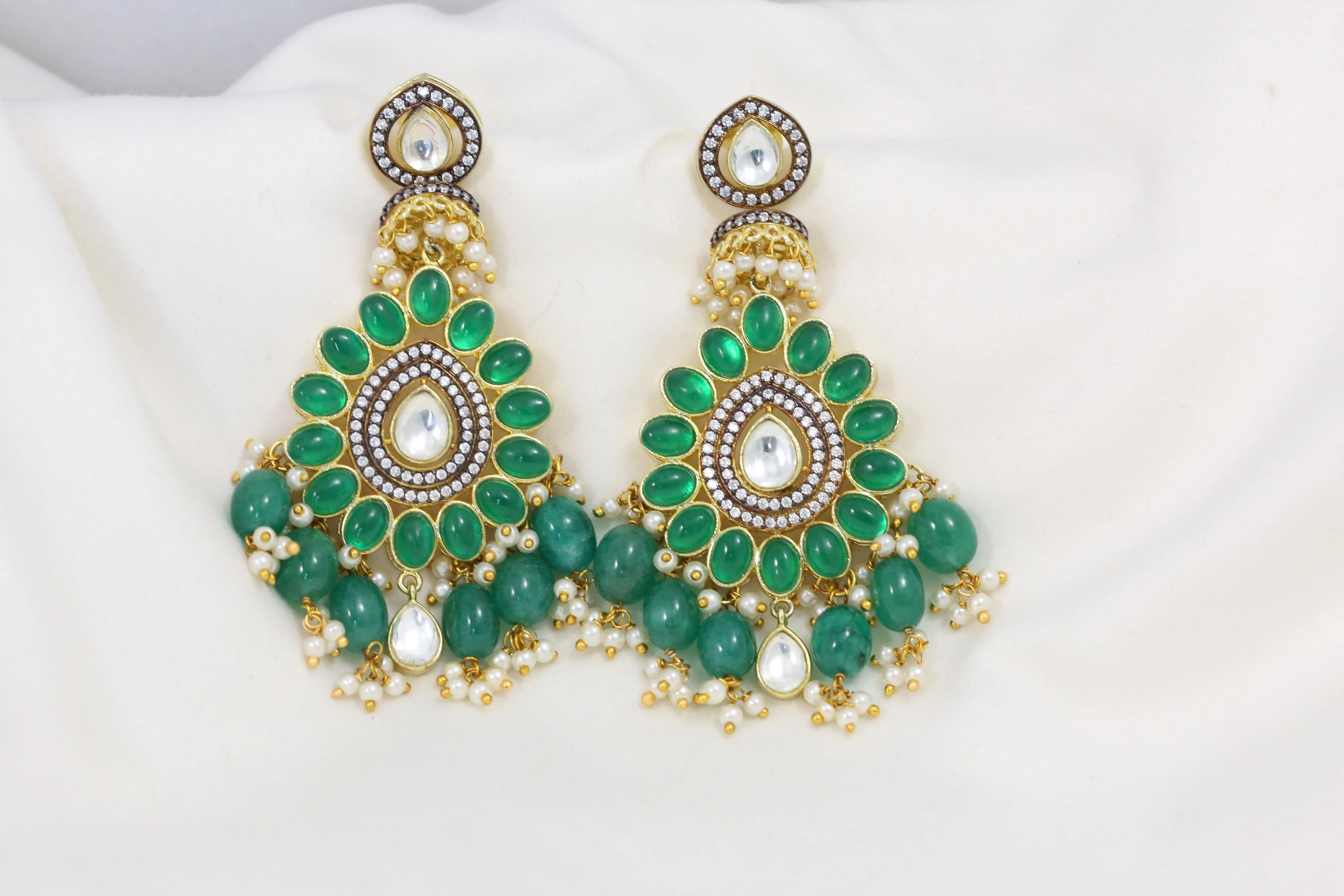 Victorian Kundan Chandbaali - Green