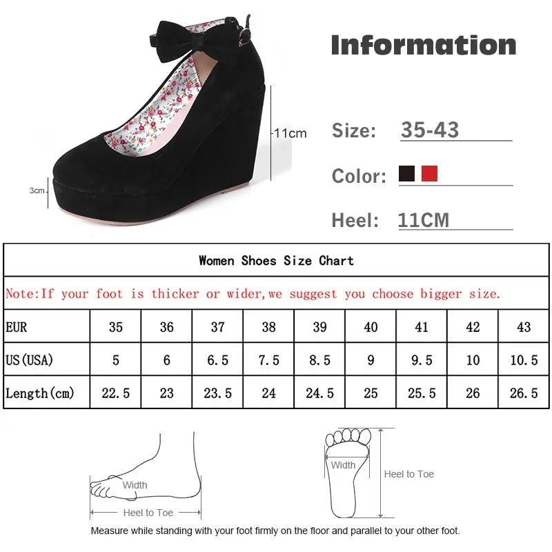 Women's Wedges High Heels Platform Black Casual Bowtie Pumps