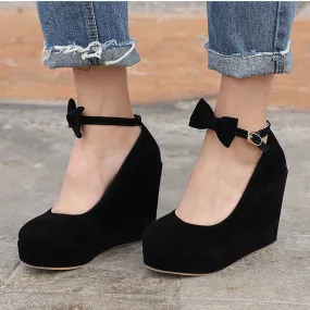 Women's Wedges High Heels Platform Black Casual Bowtie Pumps